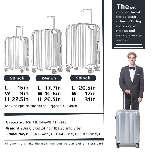  COOLIFE Coolife Luggage Aluminium Frame Suitcase with TSA Lock 100% PC (S(20in), Silver)