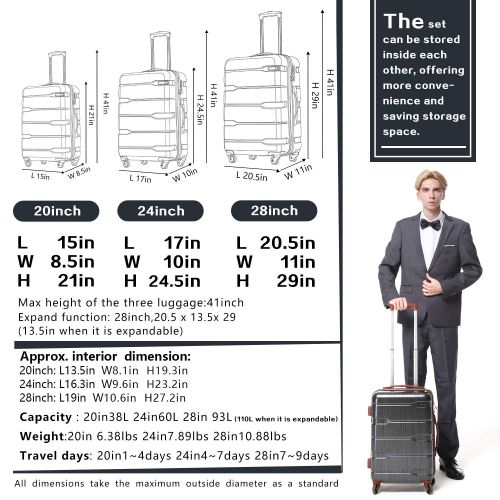  COOLIFE Coolife Luggage Expandable 3 Piece Sets PC+ABS Spinner Suitcase Built-In TSA lock 20 inch 24 inch 28 inch