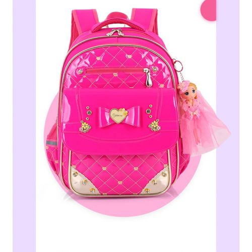  COOLLO Girls Princess Backpack Waterproof PU School Bag Shoulder Bag 3pcs Set for Elementary School Girls Students (set-Rose red)