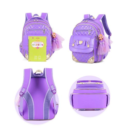  COOLLO Girls Princess Backpack Waterproof PU School Bag Shoulder Bag 3pcs Set for Elementary School Girls Students (set-Rose red)