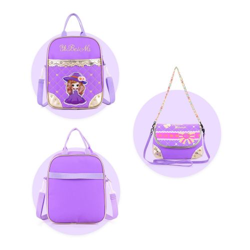  COOLLO Girls Princess Backpack Waterproof PU School Bag Shoulder Bag 3pcs Set for Elementary School Girls Students (set-Rose red)