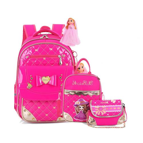  COOLLO Girls Princess Backpack Waterproof PU School Bag Shoulder Bag 3pcs Set for Elementary School Girls Students (set-Rose red)