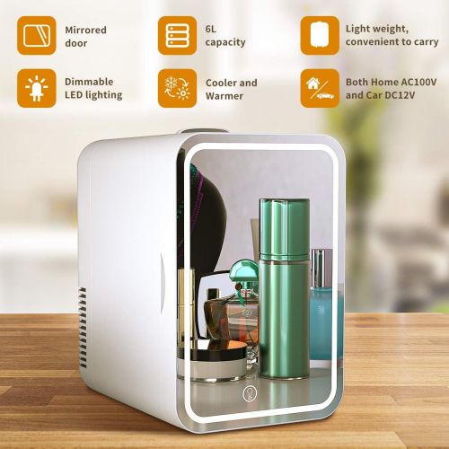  [아마존베스트]COOSEON Mini Fridge 6 Liter AC/DC Portable Beauty Fridge Thermoelectric Cooler and Warmer for Skincare, Bedroom and Travel (Mirror & LED Design)