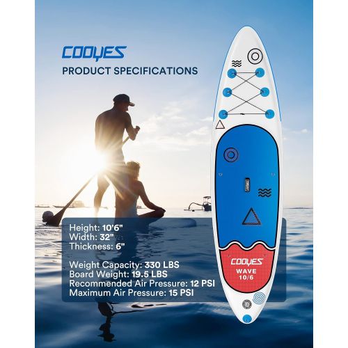  Cooyes Inflatable 10.6’x32x6 (19.4lbs) Stand Up Paddleboard Sup w/ Kayak Seat, Backpack, Dry Bag, Large Fin, Leash, Paddle, Pump, for All Skill Levels