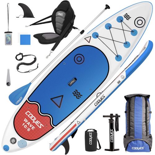  Cooyes Inflatable 10.6’x32x6 (19.4lbs) Stand Up Paddleboard Sup w/ Kayak Seat, Backpack, Dry Bag, Large Fin, Leash, Paddle, Pump, for All Skill Levels