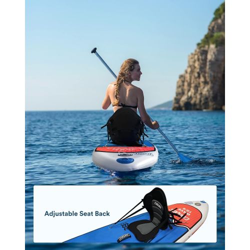  Cooyes Inflatable 10.6’x32x6 (19.4lbs) Stand Up Paddleboard Sup w/ Kayak Seat, Backpack, Dry Bag, Large Fin, Leash, Paddle, Pump, for All Skill Levels