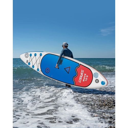  Cooyes Inflatable 10.6’x32x6 (19.4lbs) Stand Up Paddleboard Sup w/ Kayak Seat, Backpack, Dry Bag, Large Fin, Leash, Paddle, Pump, for All Skill Levels