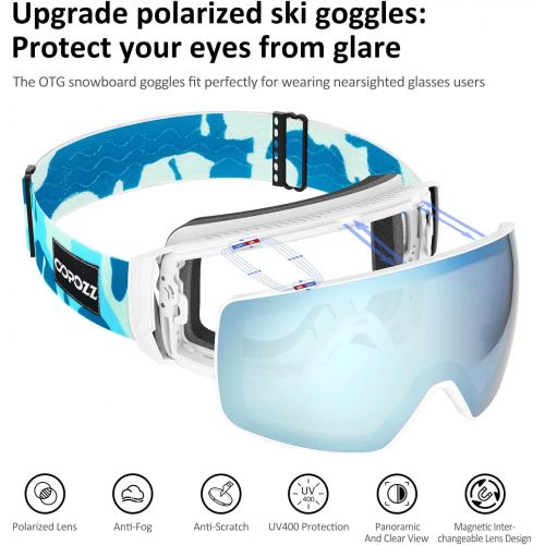  COPOZZ Polarized Ski Goggles Set, S3 Upgrade OTG Magnetic Snowboard Goggles UV Protection Skiing Goggles for Youth Men Women