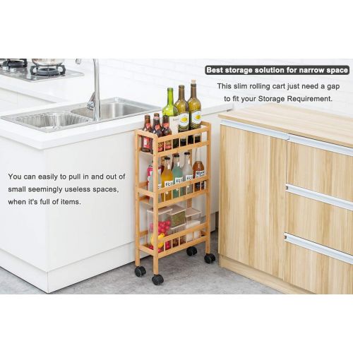  COPREE Bamboo 3 Tier Kitchen?Removable Storage Cart, Slim Slide Out?Rolling Pantry Shelf