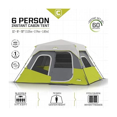  CORE 6 Person Instant Cabin Tent | Portable Large Pop Up Tent with Easy 60 Second Camp Setup for Family Camping | Included Hanging Organizer for Outdoor Camping Accessories