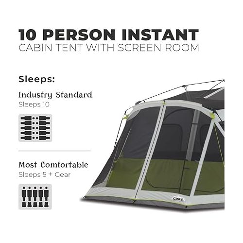  CORE 10 Person Instant Cabin Tent | 2 Room Huge Tent with Screen Room for Family with Storage Pockets for Camping Accessories | Portable Large Pop Up Tent for 2 Minute Camp Setup