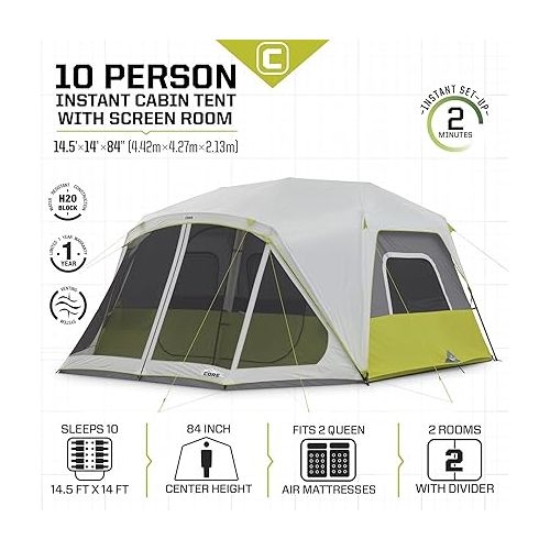  CORE 10 Person Instant Cabin Tent | 2 Room Huge Tent with Screen Room for Family with Storage Pockets for Camping Accessories | Portable Large Pop Up Tent for 2 Minute Camp Setup