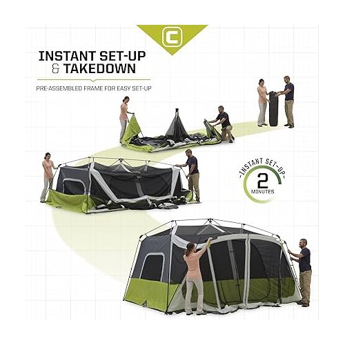  CORE 10 Person Instant Cabin Tent | 2 Room Huge Tent with Screen Room for Family with Storage Pockets for Camping Accessories | Portable Large Pop Up Tent for 2 Minute Camp Setup