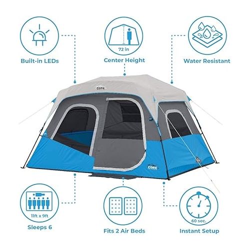  CORE Instant Tent with LED Lights | Portable Large Family Cabin Multi Room Tents for Camping | Lighted Pop Up Camping Tent | 6 Person / 9 Person / 10 Person / 12 Person Tents for Camping