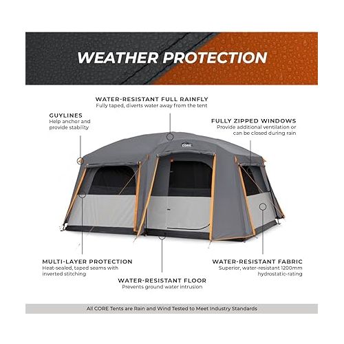  CORE Large Multi Room Tent for Family with Full Rainfly for Weather and Storage for Camping Accessories | Portable Huge Tent with Carry Bag for Outdoor Car Camping