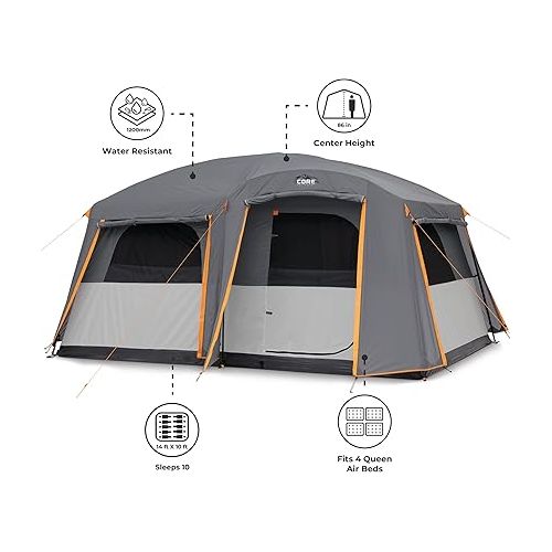  CORE Large Multi Room Tent for Family with Full Rainfly for Weather and Storage for Camping Accessories | Portable Huge Tent with Carry Bag for Outdoor Car Camping