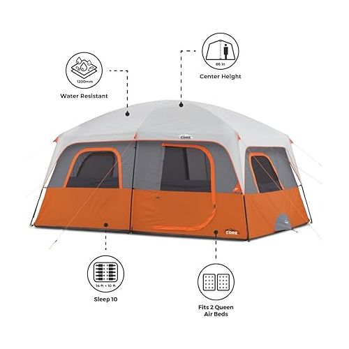  CORE 10 Person Tent | Large Multi Room Tent for Family | Included Tent Gear Loft Organizer for Camping Accessories | Portable Cabin Huge Tent with Carry Bag for Outdoor Car Camping