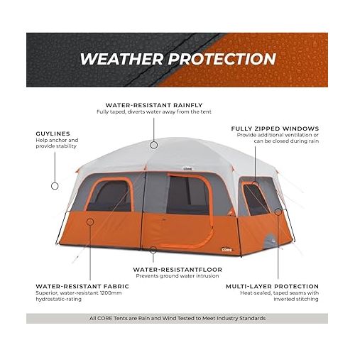  CORE 10 Person Tent | Large Multi Room Tent for Family | Included Tent Gear Loft Organizer for Camping Accessories | Portable Cabin Huge Tent with Carry Bag for Outdoor Car Camping