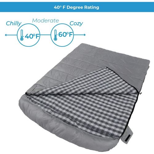  Core 40 Degree Double Sleeping Bag for Backpacking, Camping, or Hiking - Fits Queen Size Air Bed for Adult, Teens, and Kids