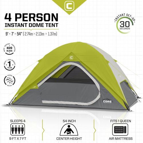  Core Equipment Core 4 Person Instant Dome Tent - 9' x 7', Green