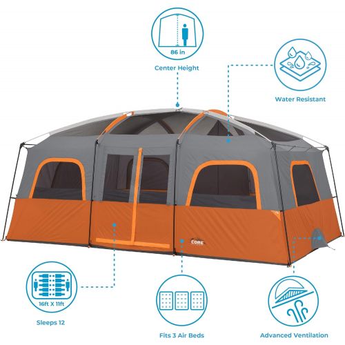  CORE 12 Person Extra Large Straight Wall Cabin Tent - 16 x 11