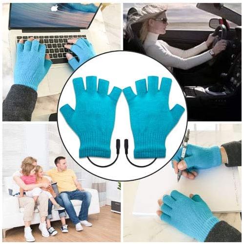  [아마존베스트]N/H USB Heated Gloves for Men and Women Mitten Winter Hands Warm Laptop Gloves Half Heated Fingerless Heating Knitting Hands Warmer Washable Design (BLUE)