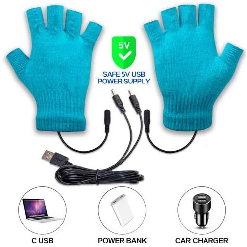  [아마존베스트]N/H USB Heated Gloves for Men and Women Mitten Winter Hands Warm Laptop Gloves Half Heated Fingerless Heating Knitting Hands Warmer Washable Design (BLUE)