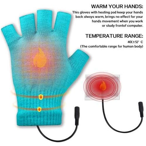  [아마존베스트]N/H USB Heated Gloves for Men and Women Mitten Winter Hands Warm Laptop Gloves Half Heated Fingerless Heating Knitting Hands Warmer Washable Design (BLUE)