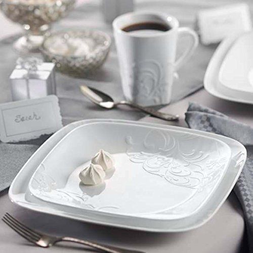  CORELLE Corelle Geschirr-Set Cherish gepragt aus Vitrelle-Glas fuer 4 Personen 16-teilig, Splitter- und bruchfest, weiss