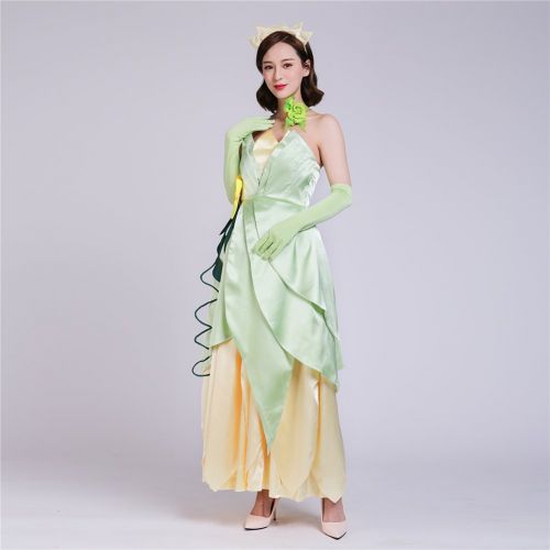  COSKING Frog Princess Costume for Women, Deluxe Tiana Cosplay Dress Hand Sewing Leaf Design