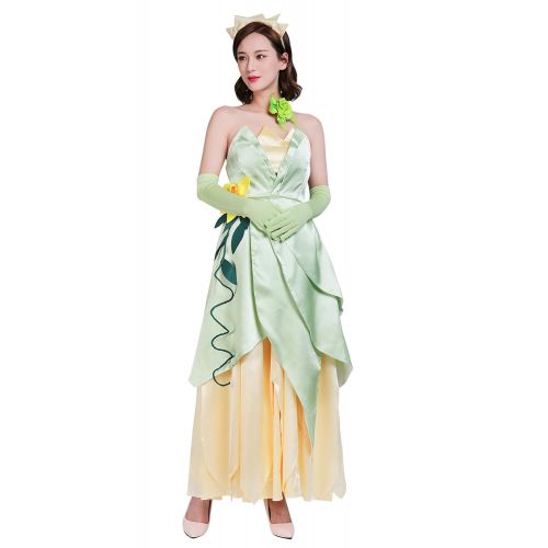  COSKING Frog Princess Costume for Women, Deluxe Tiana Cosplay Dress Hand Sewing Leaf Design