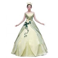 COSKING Tiana Costume for Women, Deluxe Frog Princess Cosplay Dress Hand Sewing Leaf Design