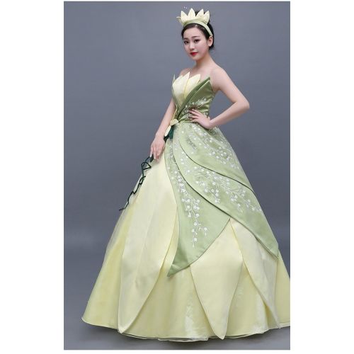  COSKING Tiana Costume for Women, Deluxe Frog Princess Cosplay Dress Hand Sewing Leaf Design