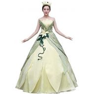 COSKING Tiana Costume for Women, Deluxe Frog Princess Cosplay Dress Hand Sewing Leaf Design