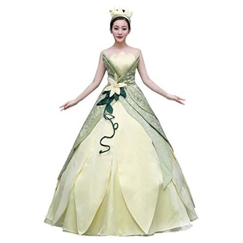  COSKING Tiana Costume for Women, Deluxe Frog Princess Cosplay Dress Hand Sewing Leaf Design