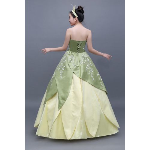  COSKING Tiana Costume for Women, Deluxe Frog Princess Cosplay Dress Hand Sewing Leaf Design