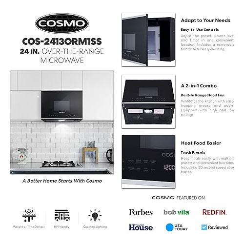  COSMO COS-2413ORM1SS Over the Range Microwave Oven with Vent Fan, 1.34 cu. ft. Capacity, 1000W, 24 inch, Black / Stainless Steel