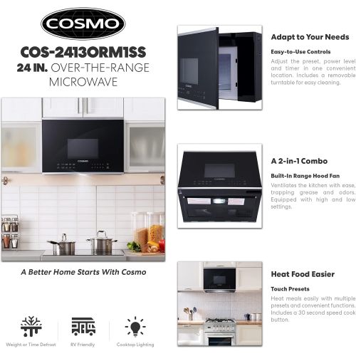  [아마존베스트]Cosmo COS-2413ORM1SS Over the Range Microwave Oven with Vent Fan, 1.34 cu. ft. Capacity, 1000W, 24 inch, Black/Stainless Steel
