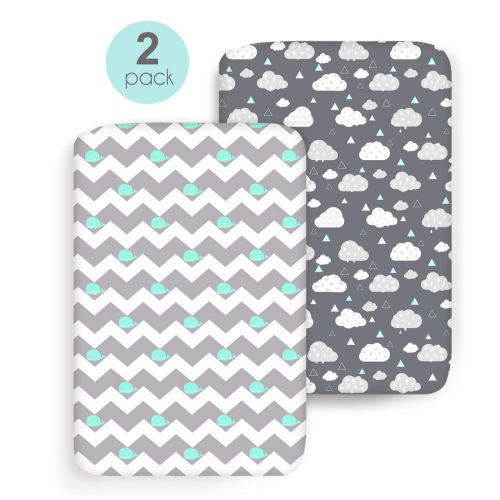  [아마존베스트]COSMOPLUS Stretch Fitted Pack n Play Playard Sheets - 2 Pack for Mini Crib Sheet Set,Pack n Play Mattress Cover, Ultra Stretchy Soft,Whale/Cloud