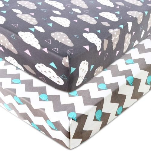  [아마존베스트]COSMOPLUS Knitted Crib Sheet Set -2 Pack Stretchy Crib Sheets for Boys Girls,Universal Knit Fitted for Standard Baby Toddler Crib,Whale/Cloud