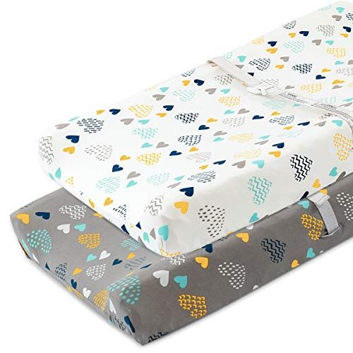  COSMOPLUS Stretch Fitted Changing Pad Cover -2 Pack Stretchy Changing Table Pad Covers for Boys Girls, Heart Pattern