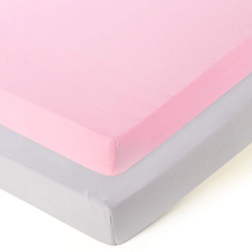  COSMOPLUS Fitted Playard Sheets - 2 Pack Mini Crib Sheet Set,Pack n Play Mattress Cover, Stretchy Ultra Soft,Pink/Grey