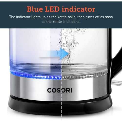  COSORI Wasserkocher Glas Elektrisch Glaswasserkocher 1,7 L mit Edelstahl Innendeckel, Wasserkoch mit LED-Beleuchtung, Auto-off & Trockenlaufschutz, breite OEffnung fuer einfache Rein