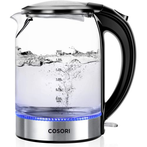  COSORI Wasserkocher Glas Elektrisch Glaswasserkocher 1,7 L mit Edelstahl Innendeckel, Wasserkoch mit LED-Beleuchtung, Auto-off & Trockenlaufschutz, breite OEffnung fuer einfache Rein