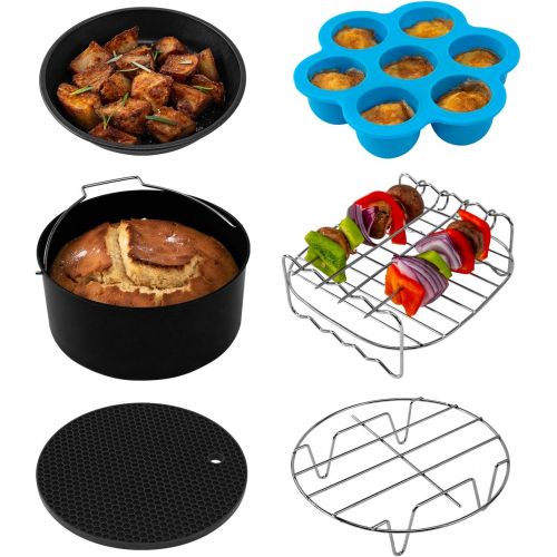  Cosori Heissluftfritteuse Zubehoer, Sechsteiliges Zubehoerset fuer 3,5 Liter Fritteusen Air Fyer, Backform, Pizza Pan, Grillrost, Dampfen Rack, Silikonmatte, Muffinform, C137-6AC