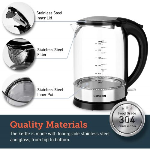  [아마존 핫딜] [아마존핫딜]COSORI 1.7L Electric Kettle with Upgraded 100% Stainless Steel Filter,Inner Lid & Bottom,Glass Water Boiler & Tea Heater with LED Indicator, Auto Shut-Off&Boil-Dry Protection, BPA