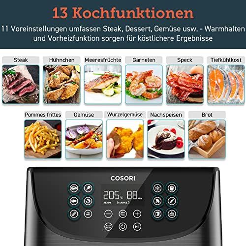  COSORI Heissluftfritteuse Friteuse Heissluft Fritteusen Air Fryer Aerofryer 3,5L mit grossem digitalem LED-Touchscreen, 11 Vor-Programmen, Vorheizen&Warmhalten, Shake-Modus, ohne OEl