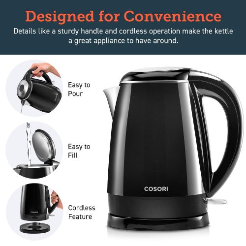  COSORI Electric (BPA Free) CO172-EK 1.8 Qt Double Wall 304 Stainless Steel Water Boiler, Coffee Pot & Tea Kettle, Auto Shut-Off and Boil-Dry Protection, Black