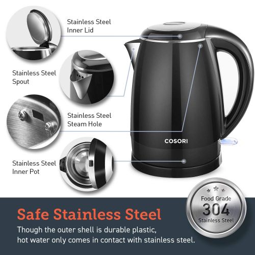  COSORI Electric (BPA Free) CO172-EK 1.8 Qt Double Wall 304 Stainless Steel Water Boiler, Coffee Pot & Tea Kettle, Auto Shut-Off and Boil-Dry Protection, Black