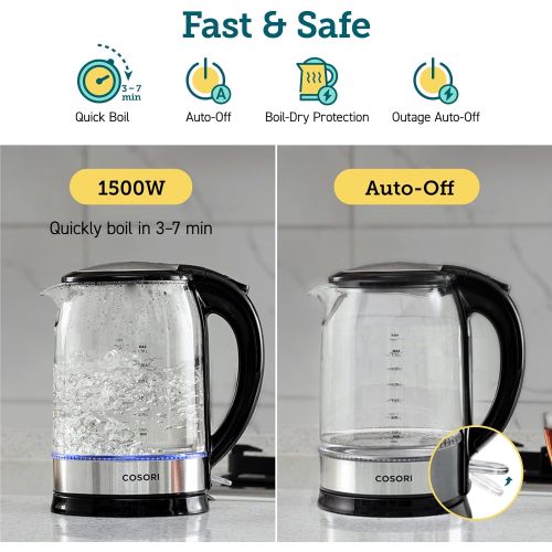  COSORI Electric Kettle(BPA-Free) 1.7 L Glass Water Boiler & Tea Heater with LED Indicator Light,Auto Shut-Off & Boil-Dry Protection, 100% Stainless Steel Inner Lid & Bottom, Black